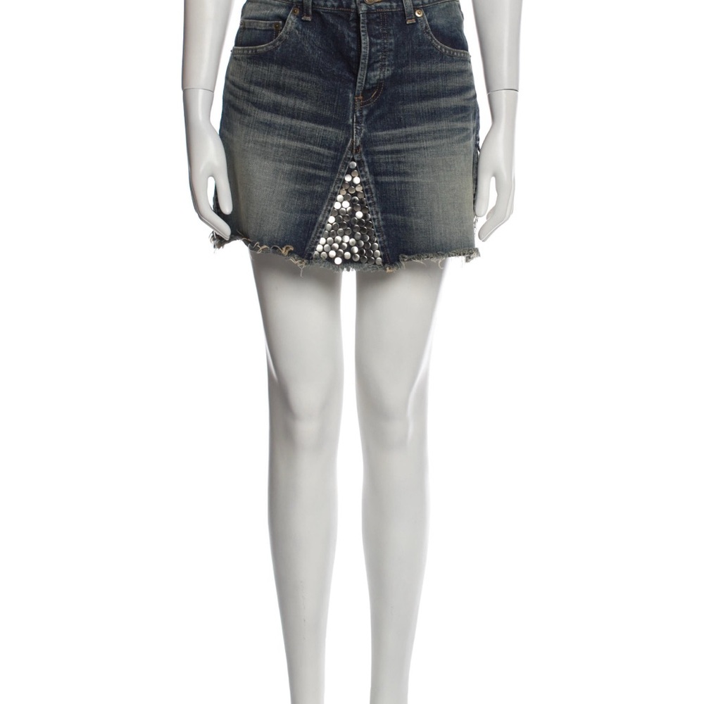 Saint Laurent Distressed Accents Denim Mini Skirt with Sequin Detail